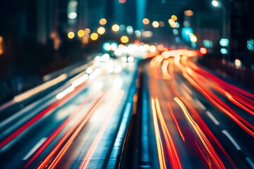 Wall Mural - Abstract city lights, blurry lines of colorful lights from moving cars. Motion blur, night urban life, driving, busy city street. Abstract light trails photography