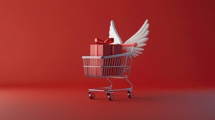 Poster - A red shopping cart with white wings, carrying a red gift box on a red background.