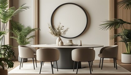 Chic restaurant interior showcasing a circular empty frame, adorned with lush indoor plants and bathed in natural light for a contemporary ambiance