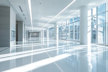 Poster - Modern minimalist office corridor with white walls, floor, and ceiling, bright light, and large windows