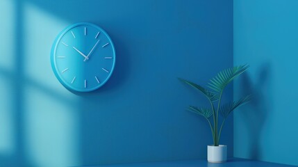 Aufkleber - Blue clock on blue wall in 3D render. Round timepiece on modern background with shadow. Colourful graphic illustration of a watch on wallpaper design. Modern style clock art.