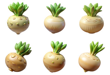 PNG celeriac 3d collection, in cartoon style minimal on transparent, white background, isolate