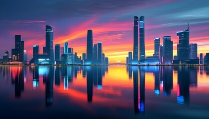 Sticker - Ethereal skyline of a neon-lit future city reflected in tranquil waters, showcasing modern marvels of urban planning and design