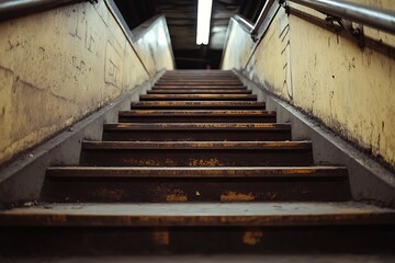 Sticker - Old wooden stairs leading up in dark tunnel, grunge urban abstract background, perspective