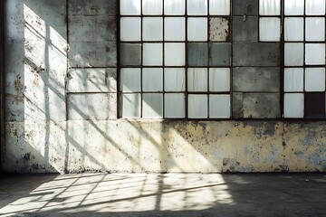 Wall Mural - Sunlight streaming through large industrial windows in empty room