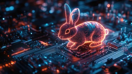 A glowing, digital rabbit sits on a circuit board, a metaphor for the intersection of technology and nature.