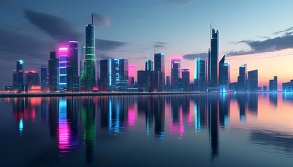 Poster - Ethereal skyline of a neon-lit future city reflected in tranquil waters, showcasing modern marvels of urban planning and design