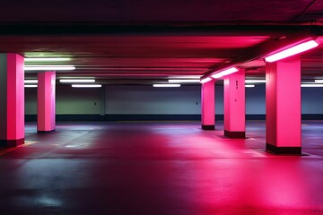 Poster - Empty neon pink lit underground parking garage with white pillars, abstract background for graphic design and website