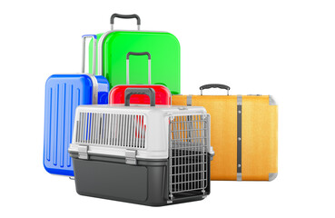 Poster - traveling with pets, concept. suitcases with pet travel plastic cage, 3d rendering isolated on trans