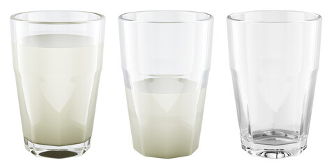 Glasses with milk. Empty, half full and full glass with milk, 3D rendering isolated on transparent background