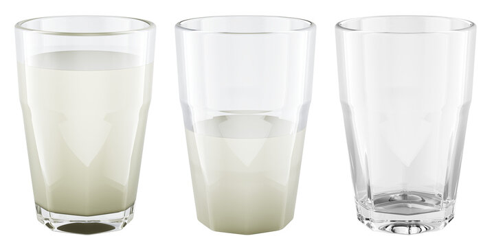 Glasses with milk. Empty, half full and full glass with milk, 3D rendering isolated on transparent background