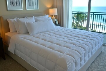 Poster - White quilted bedspread on a bed with pillows in a room with a view of the ocean.