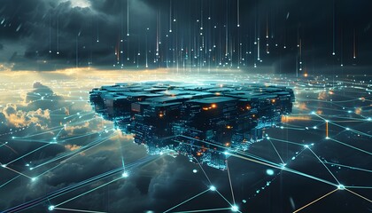 Wall Mural - Futuristic digital cloud hovering above a network of glowing nodes and lines beneath a dramatic stormy sky