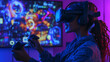 © Tatiana Sdvyzer - Child immersed in a virtual reality gaming experience, surrounded by colorful neon lights and holding VR controllers, exploring a futuristic digital world.