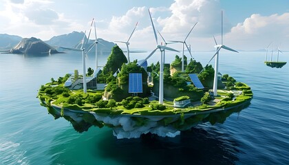 Wall Mural - Futuristic floating island blending urban architecture with lush landscapes, harnessing wind and solar energy for sustainability