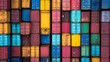 © Yevhen - Vibrant background featuring stacked shipping containers in a bustling port setting with activity
