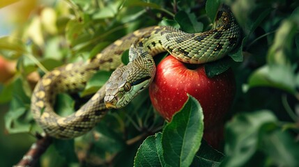 Snake Coiled Around a Red Apple in a Green Foliage