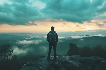 Poster - Man standing on mountain top looking at clouds and horizon, contemplation, adventure, success, freedom