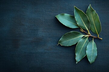 Wall Mural - Green Bay Leaves on a Dark Wooden Background