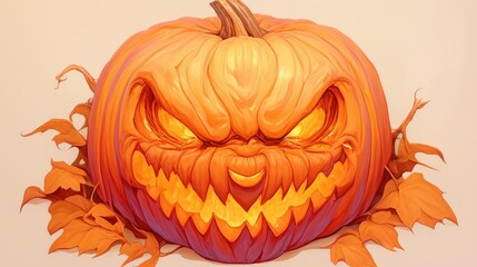 Wall Mural - A menacing jack-o'-lantern with a carved, toothy grin and glowing eyes sits on a bed of autumn leaves.