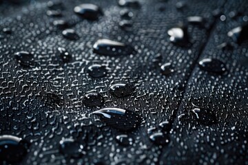 Aufkleber - Close-up view of waterproof fabric with water droplets creating abstract pattern. Fabric texture and detail emphasized. Water beads up on surface. Use in tech, eco, fashion, design projects.