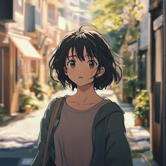 Wall Mural - Anime girl walking in a street with a curious look on her face. Illustration for anime, manga, and Japanese culture.