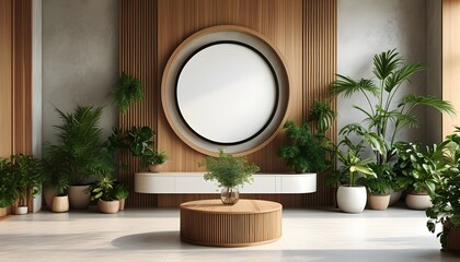 Elegant minimalist boutique lobby featuring a central empty circular frame, enhanced by stylish plant decor and rich wood accents