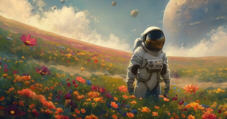 Aufkleber - Astronaut stands in vibrant field of colorful flowers on distant planet. Astronaut wears futuristic space suit, surrounded by blooming flowers. Planet sky bright blue, with few clouds. Astronaut