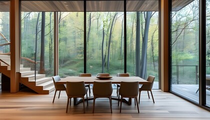 Wall Mural - Sophisticated dining area with a sleek design, open to nature through expansive windows, seamlessly connected to a wooden staircase