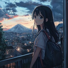 Wall Mural - Anime girl with backpack standing on balcony overlooking cityscape and mountain at sunset