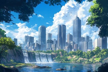 Wall Mural - Anime Style Cityscape with Waterfall and Lush Greenery