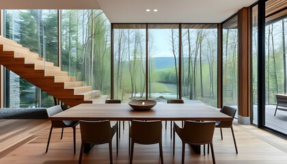 Wall Mural - Sophisticated dining area with a sleek design, open to nature through expansive windows, seamlessly connected to a wooden staircase