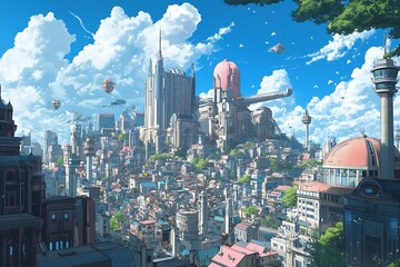 Wall Mural - Fantasy Cityscape with Flying Ships and Clouds, Digital Art