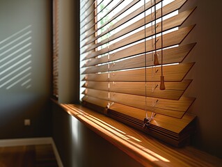 Poster - Wooden blinds partially open on window, allowing soft diffused light to enter room. Vertical slats on blinds with small round objects. Gray wall backdrop contrasts with wooden blinds, adding depth.