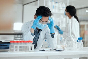 Aufkleber - Laboratory, scientist or man with headache for tired, stress or burnout with face mask for healthcare career. Male person, medical doctor and pain in clinic for migraine, worried or checklist mistake