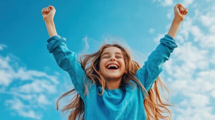 Joyful Girl Celebrating Against Bright Sky Background