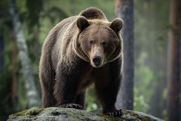 Wall Mural - Close-up of grizzly bear on rocky outcrop in Finnish forest. Furry brown mammal, wild animal, natural inhabitant. Forest plants, trees, foliage in blurred background. Wild nature, wilderness,