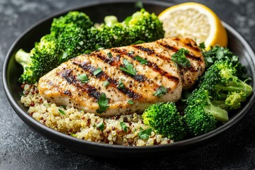 Grilled Chicken Breast with Quinoa, Broccoli, and Lemon Wedge