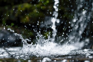 Close-up of clear spring water with small droplets of liquid falling from a rocky surface into a stream. Fresh, motion, flow of natural water with splash, dripped on stone, wet, environment, nature.