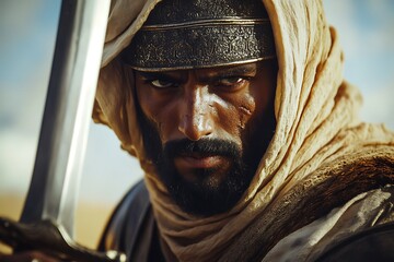 Close up portrait of warrior holding sword in desert, focused face, serious expression, historical fiction concept