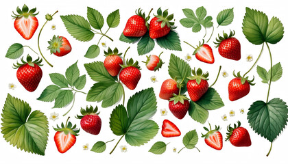  strawberry painted set watercolor leaves white illustrations background botanical fruits hand decorative elements strawberry berry garden red fruit green leaf leaf watercolor hand painted decorative