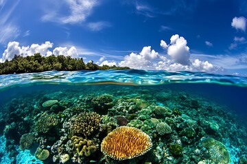 A vibrant coral reef teeming with fish, beneath the clear waters of a tropical ocean