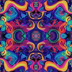 Poster - Vibrant, colorful, psychedelic pattern for background. Merging shapes, swirling colors, abstract design. Geometric shapes, intricate details, mesmerizing visuals.