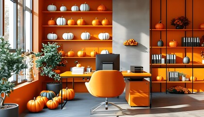 Wall Mural - Festive modern office with vibrant orange decor, pumpkins adorning shelves, and a cozy chair for a cheerful workspace atmosphere