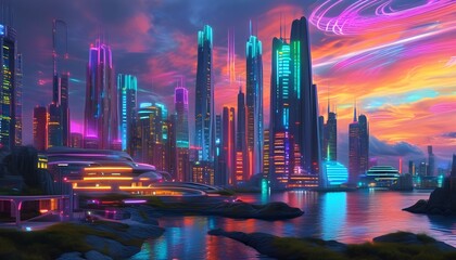 Poster - Futuristic neon-drenched cityscape featuring ultramodern architecture and holographic elements