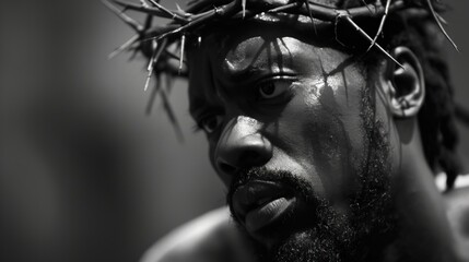 Black Jesus Christ portrait in photorealistic style with crown of thorns on his head. Close-up image shows intense focus on man face, highlighting suffering and sacrifice.