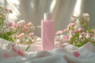 Poster - Pink Lotion Bottle Surrounded by Delicate Pink and White Flowers on a White Fabric Background