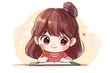 © atar - Cute cartoon girl with brown hair writing in a notebook with a pencil.