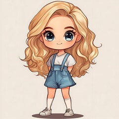 Sticker - Cute chibi girl with blonde hair and blue overalls, cartoon illustration