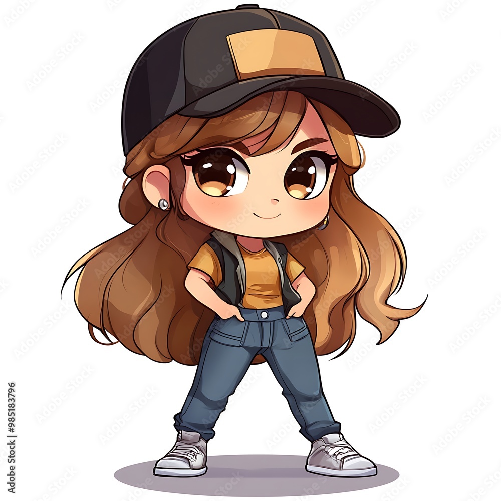 Cute chibi girl character with brown hair, wearing a black cap, yellow ...